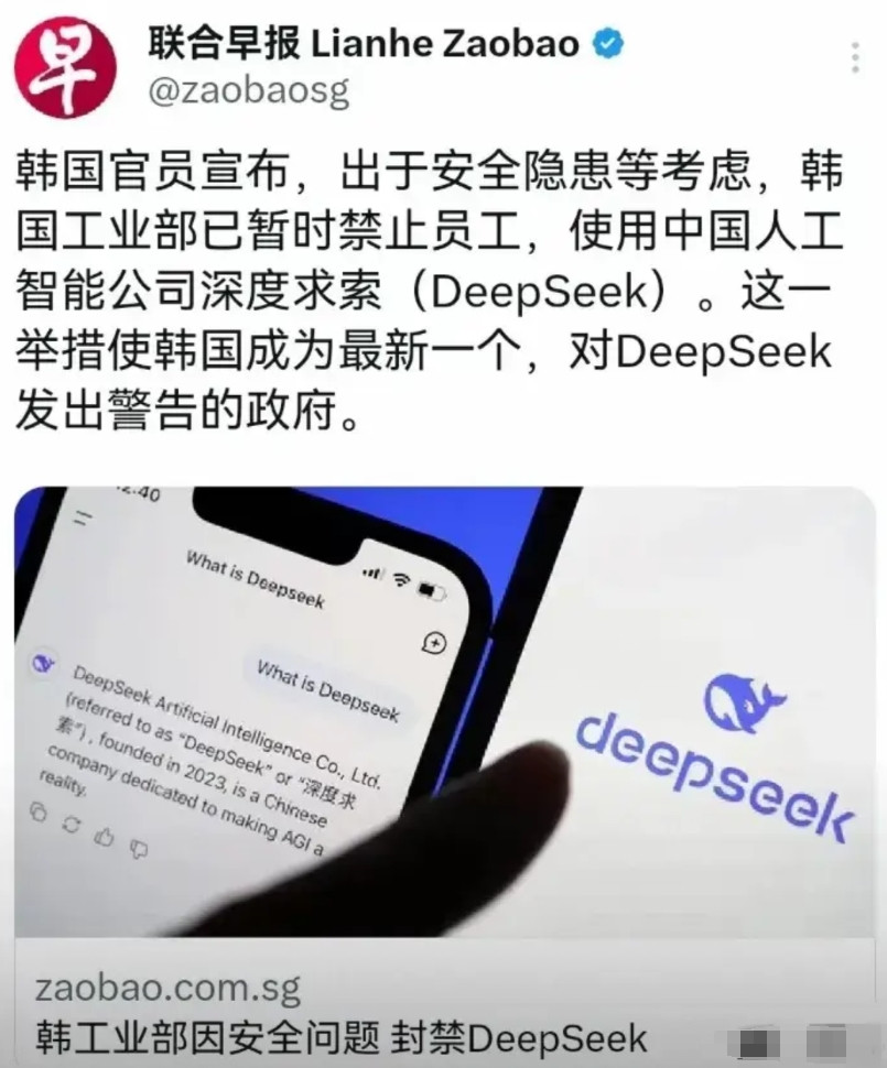 韩国宣布封禁DeepSeeK，再一次证明了自己不仅是小偷，还又怂又贱！韩国紧跟