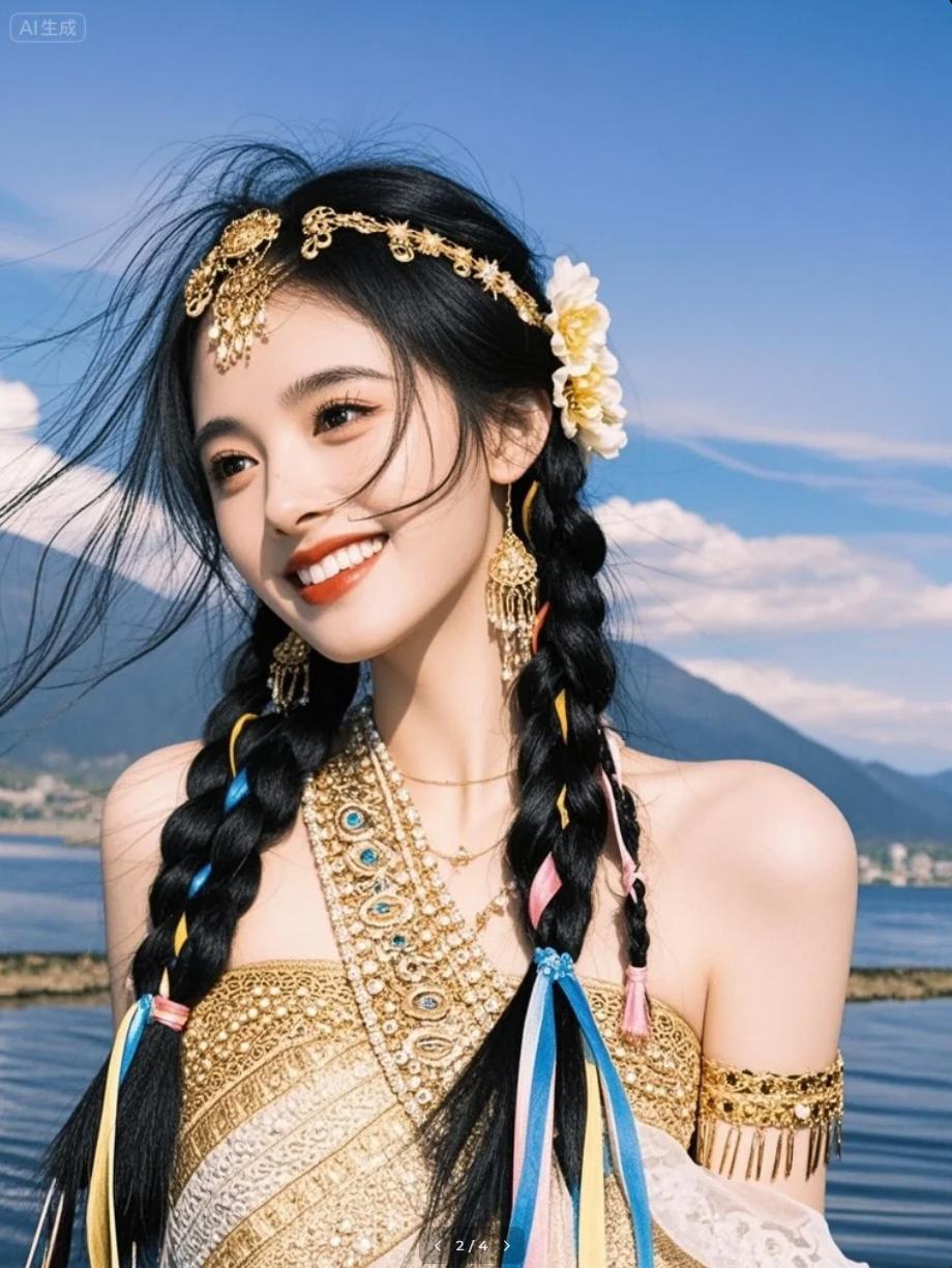 哈尼姑娘在湖岸梯田摆出“飞翔”姿势：“我要飞向天空！”