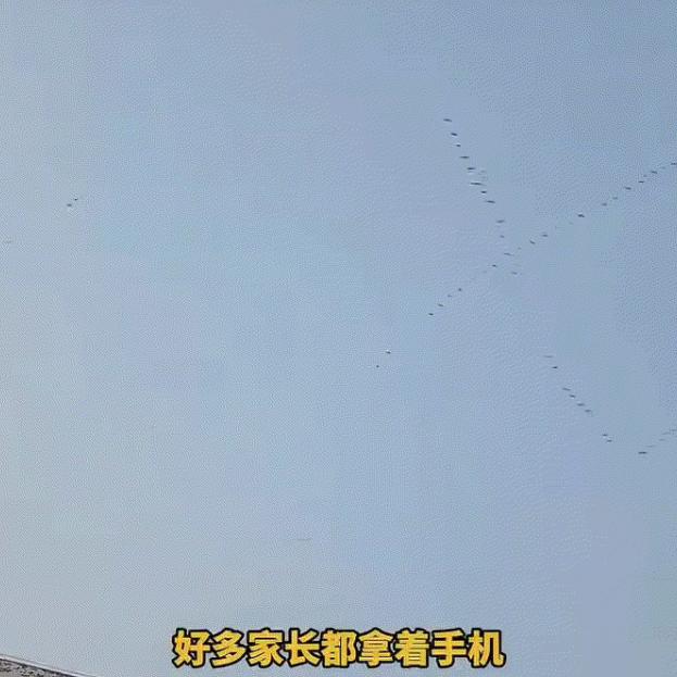 太少见了，河南，一女子接孩子放学，不料回家路上偶遇天空雁群飞过，但让女子和众人意