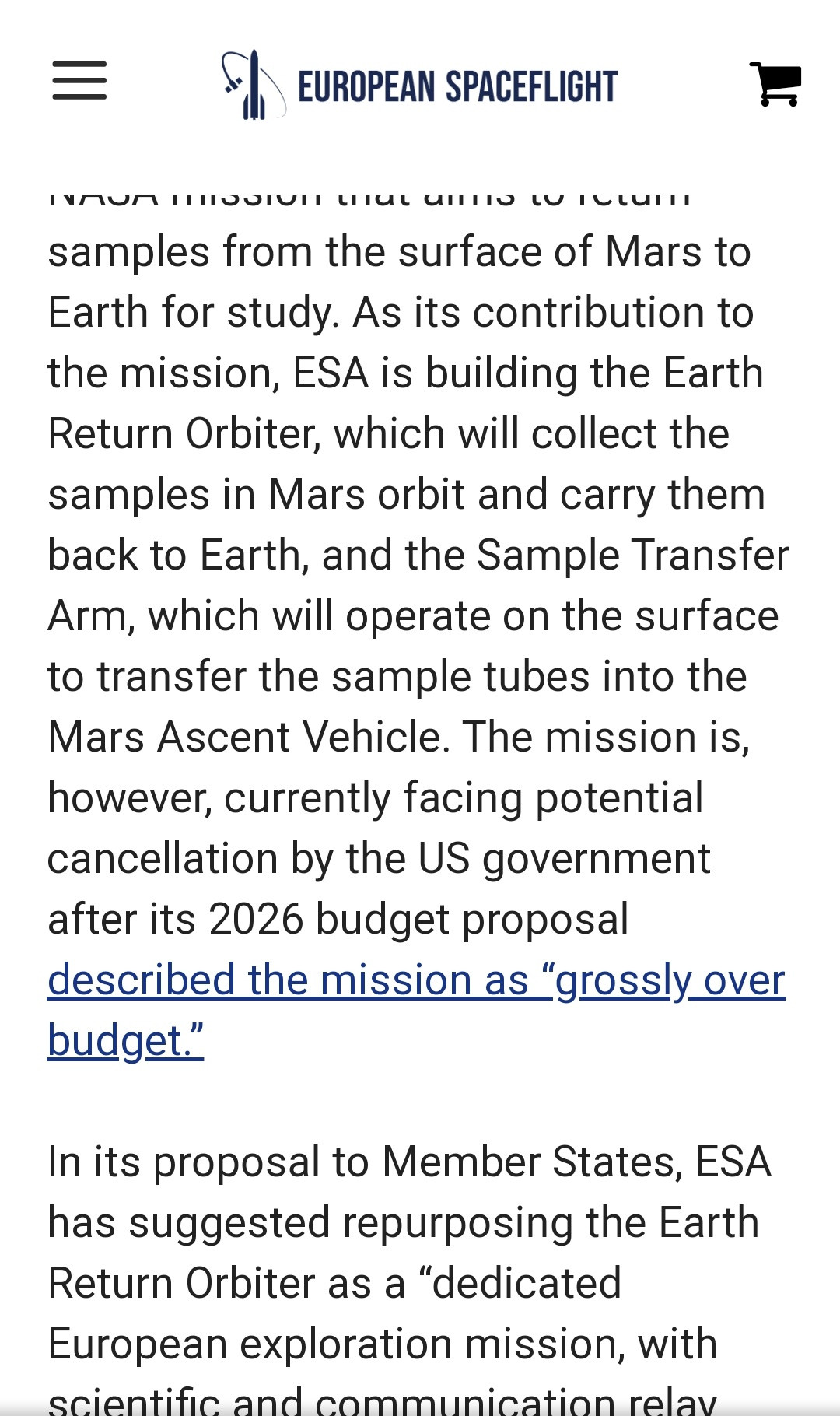由于美国对火星样本返回任务存在不确定性，欧洲航天局正在重新考虑利用地球返回轨道器