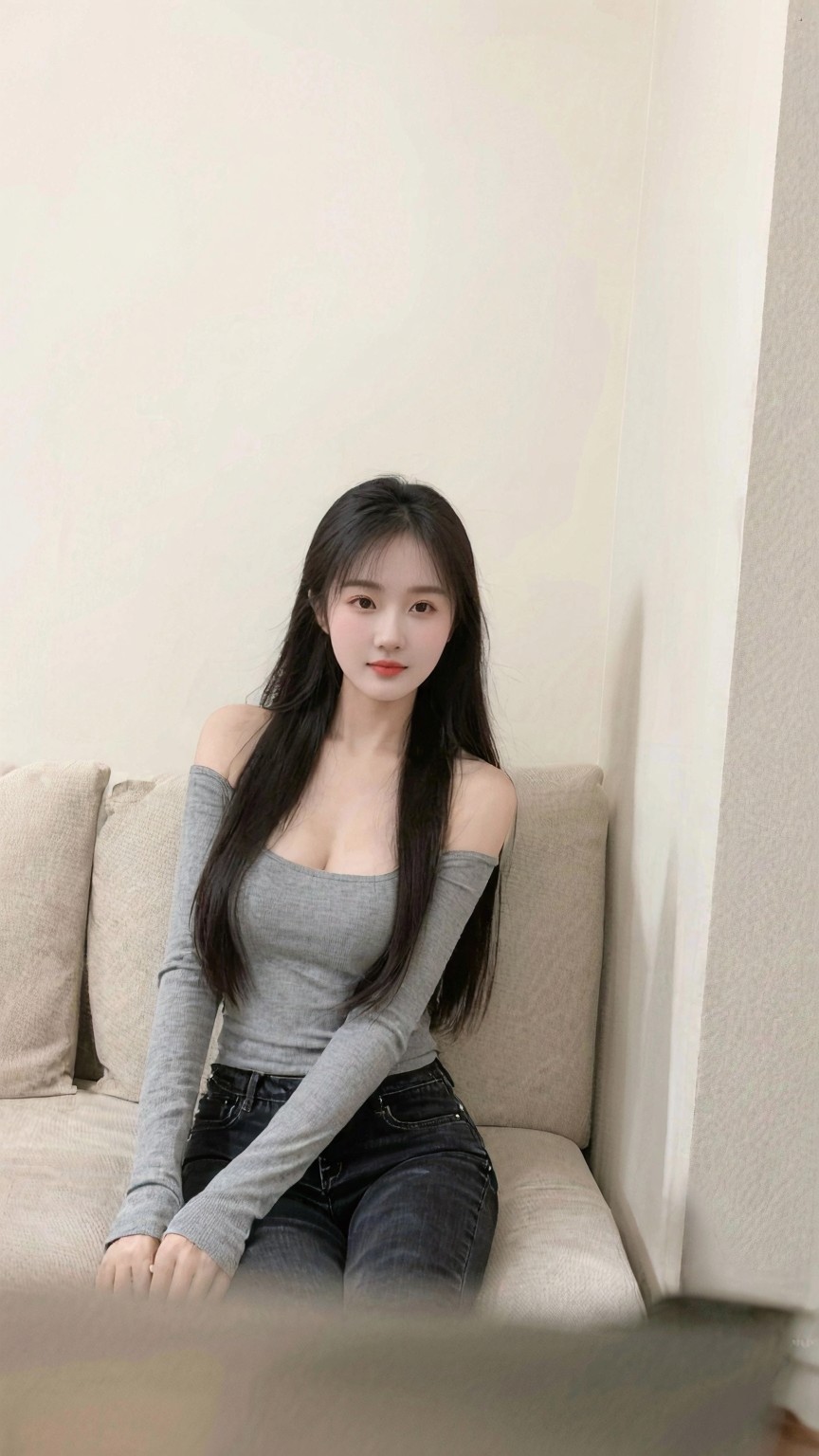 甜美少女坐沙发上，温柔微笑，散发迷人魅力！