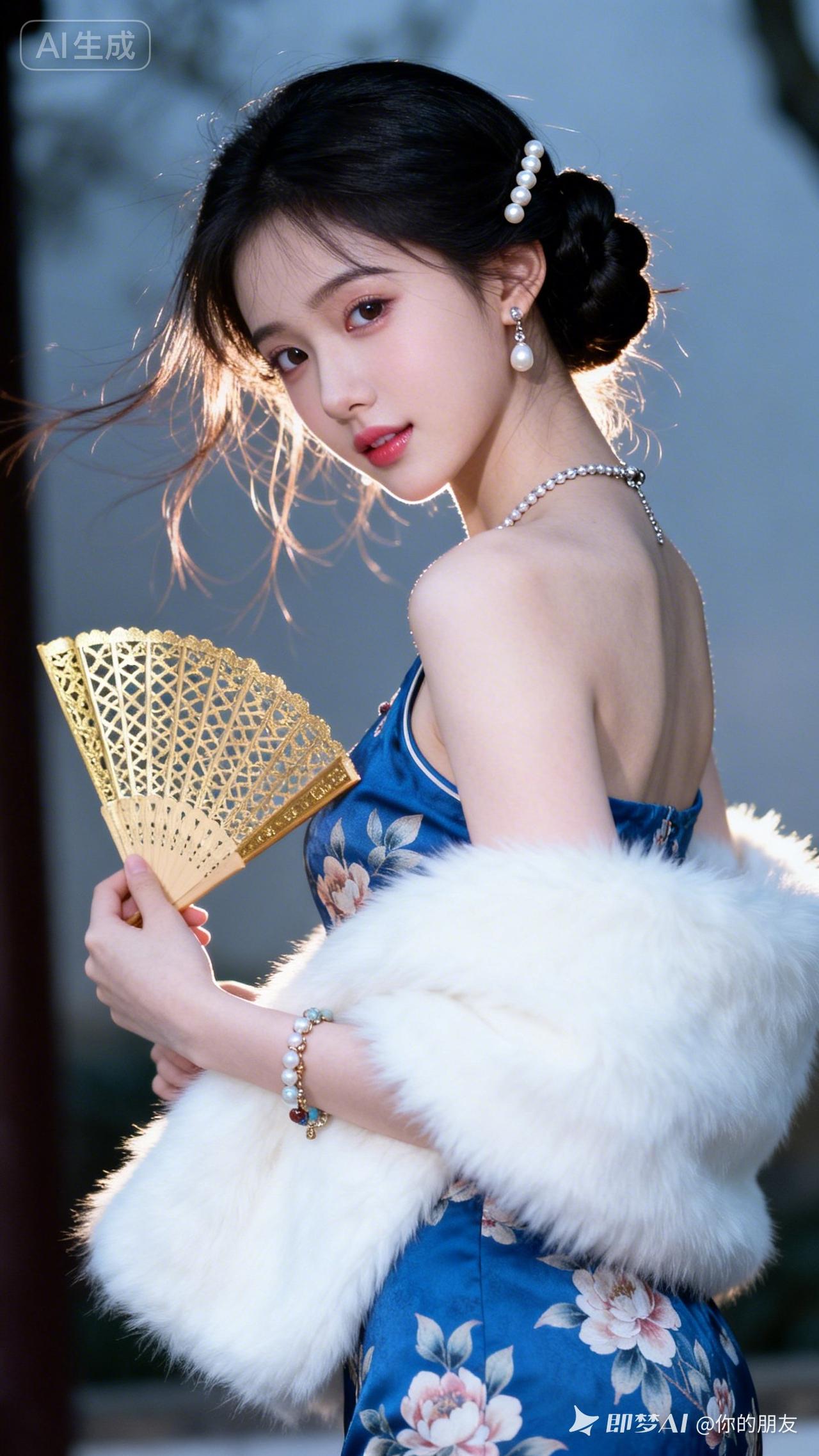 真实摄影下的19岁亚洲少女，复古盘发配珍珠夹，身着蓝花旗袍搭毛绒披肩，暖光复古室