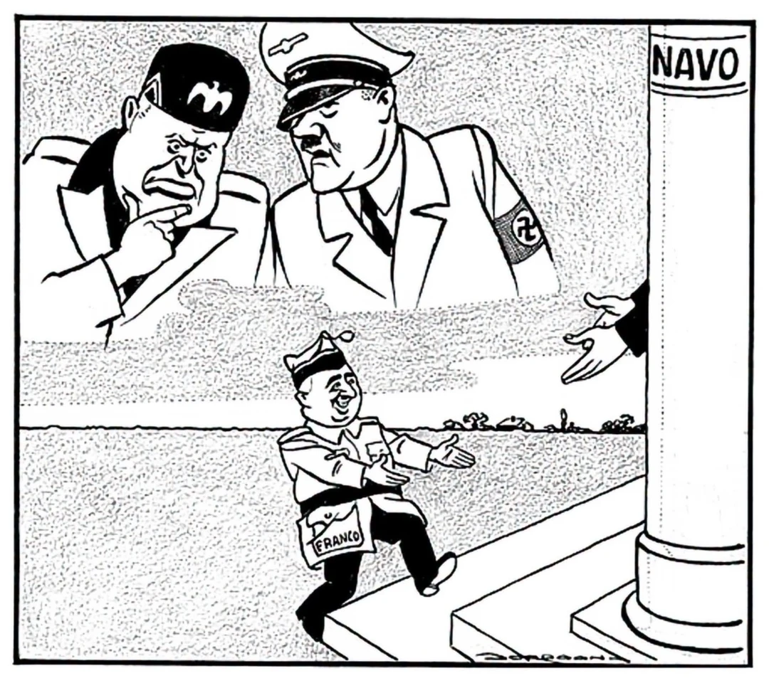 “我们死早了14年啊，我亲爱的贝尼托！”——荷兰漫画（1959年11月21日）。画面里希特勒与墨索里