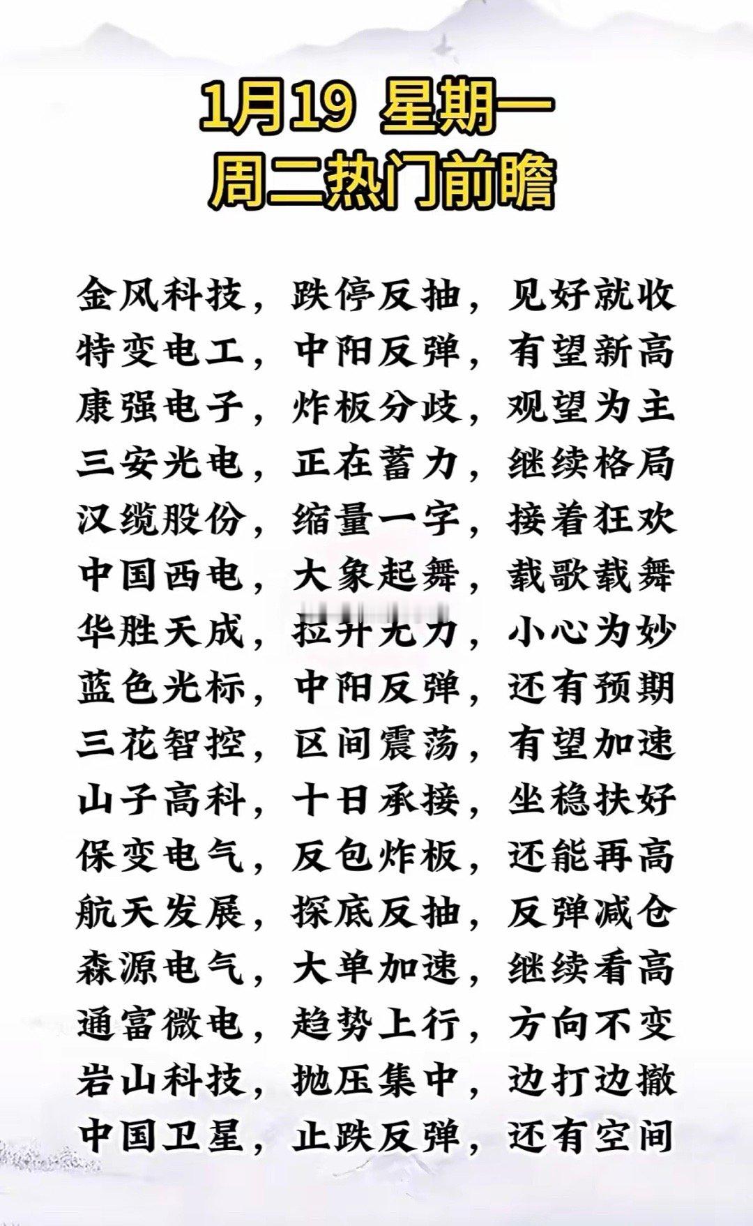 1月19日热门前瞻：科技股迎来反弹，中阳反弹有望新高！