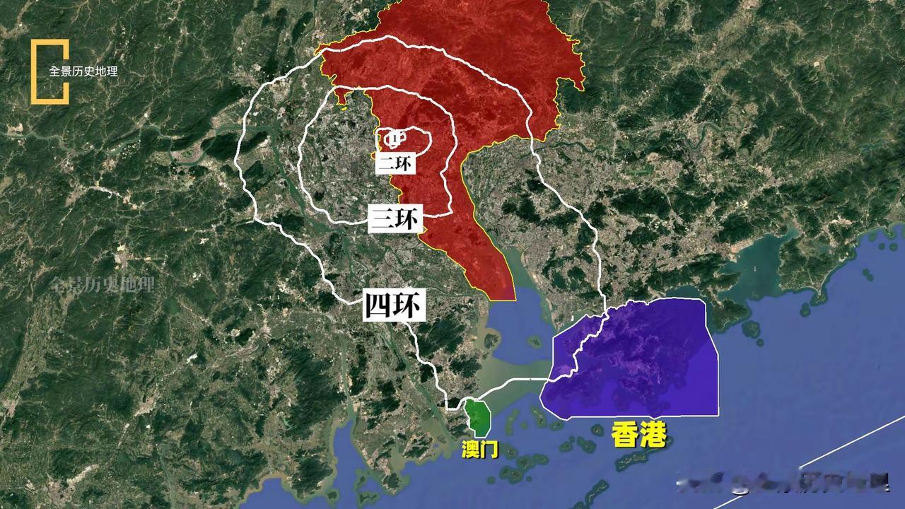 广州四环，基本上圈进了珠三角所有城市。除了惠州！看这个架势，广州就算是建一个