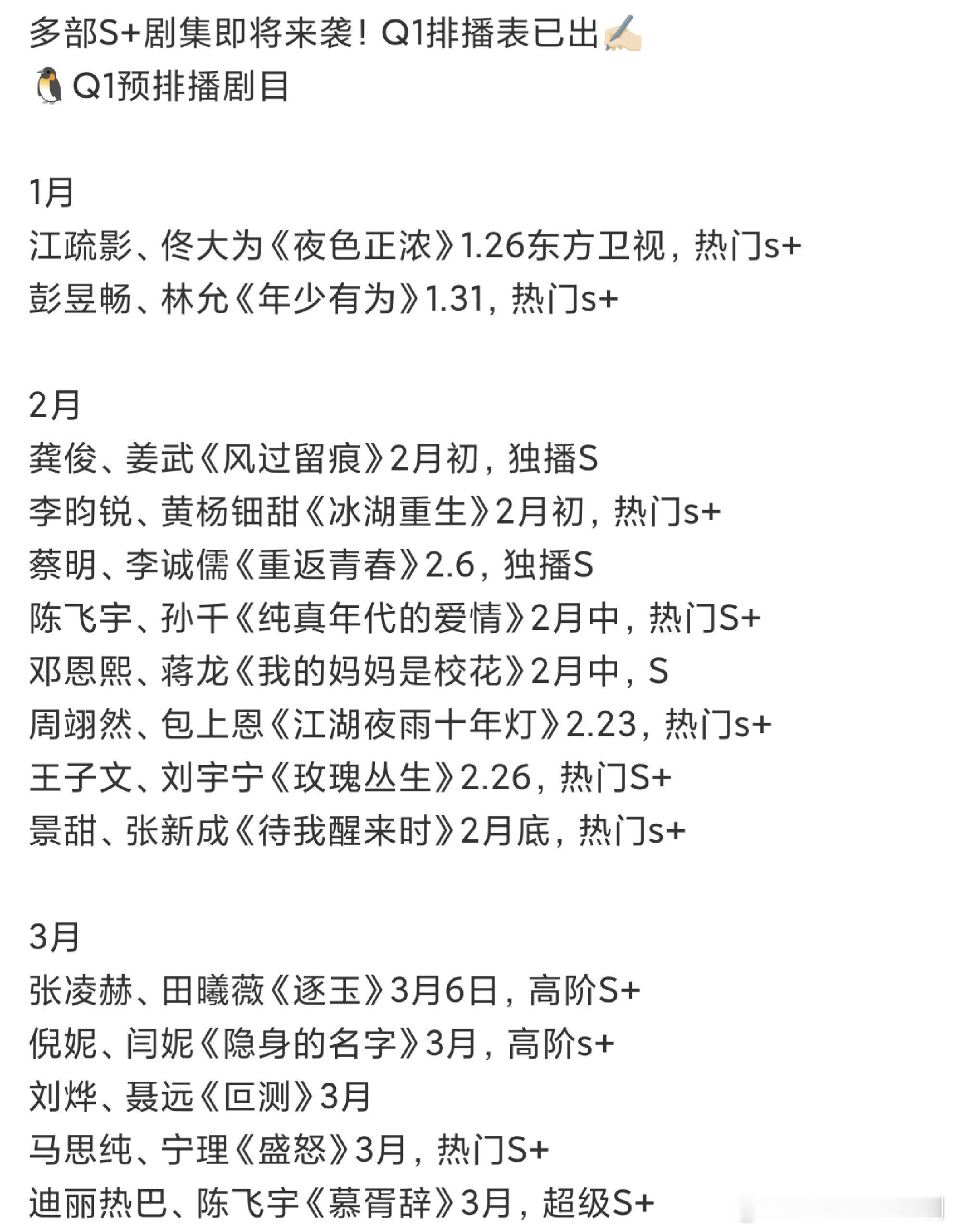 多部S+剧集即将来袭！Q1排播表已出🐧Q11月江疏影、佟大为《夜色正浓》1.2