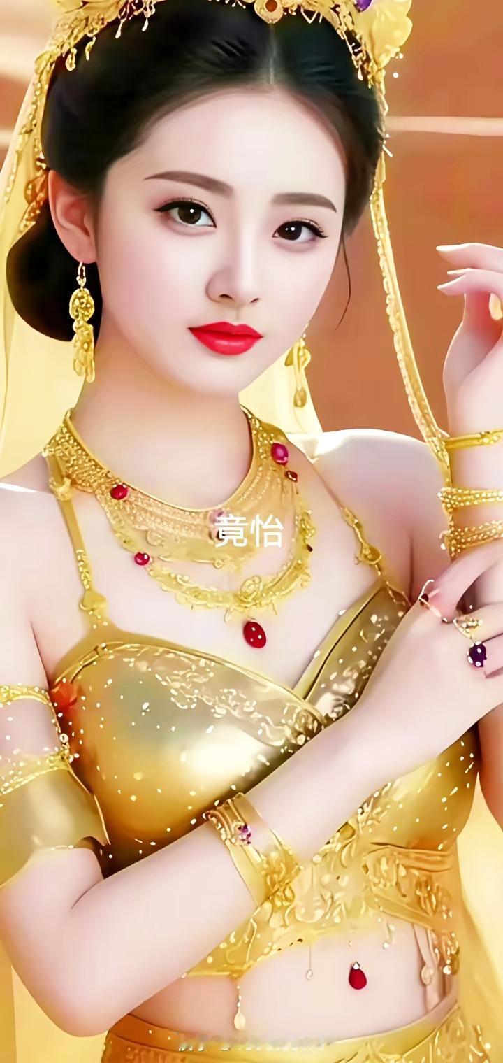 惊艳的古典美人，金光闪闪的华丽装扮，宛如古代宫廷的绝世佳人。