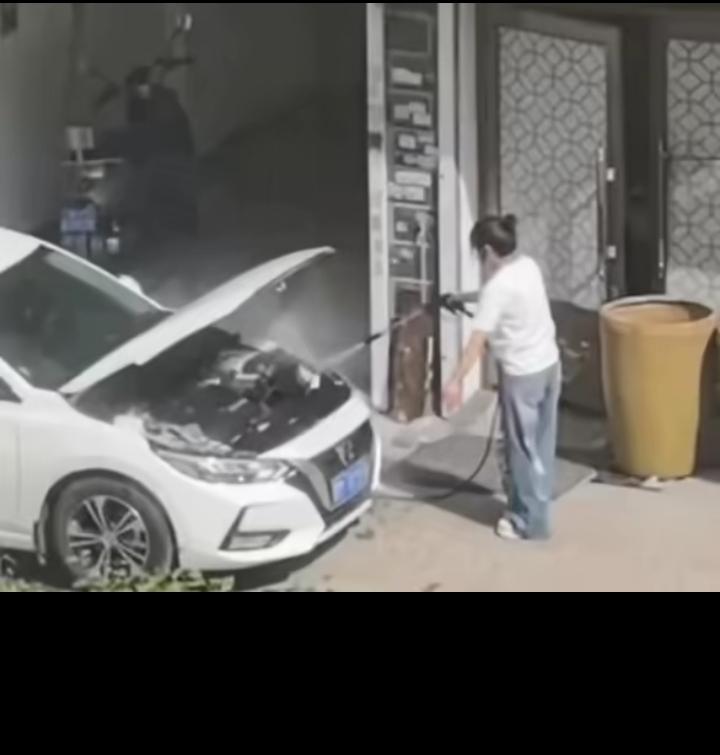 傻老婆在车库洗车，没想到她把车盖打开，用水枪直接在发动机上冲！我