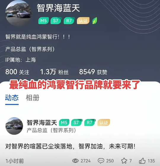 一个全新的智界要闪亮登场啦！它可是最纯血的鸿蒙智行品牌。啥概念呢？就好比问界已经
