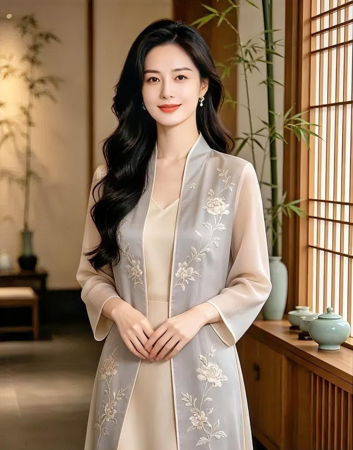 《绣影竹风》浅灰薄纱，绣满牡丹清雅，长发微卷，垂落温婉如画。素手轻交