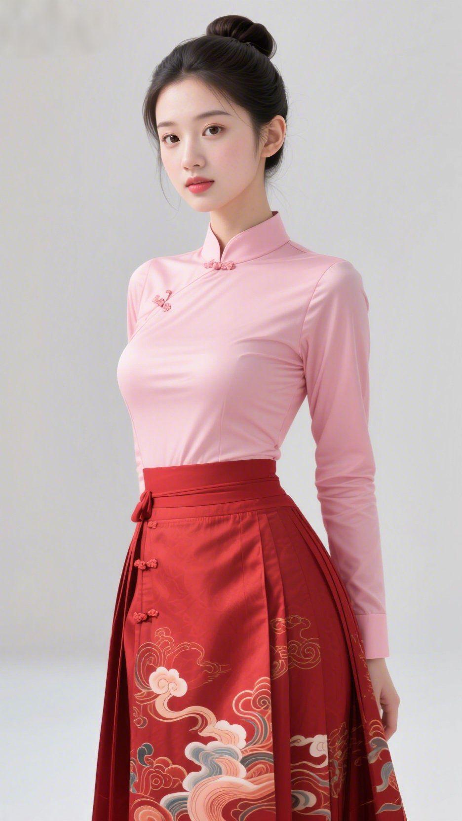 《粉襟红裙的清雅》淡粉立领裹着温软的韵，盘扣轻缀肩侧，像春樱落进衣襟的褶皱