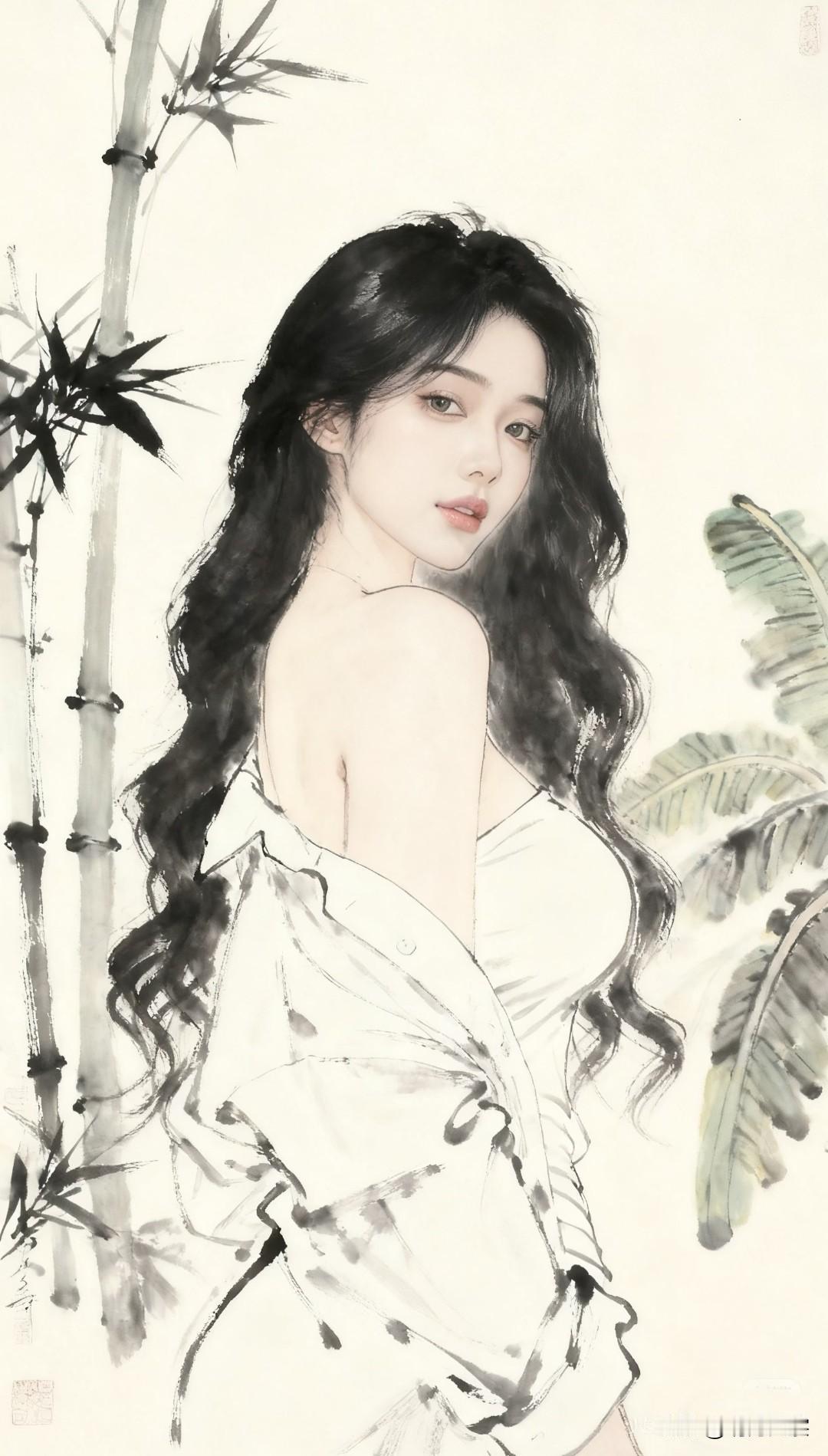 竹叶，芭蕉，画中人。