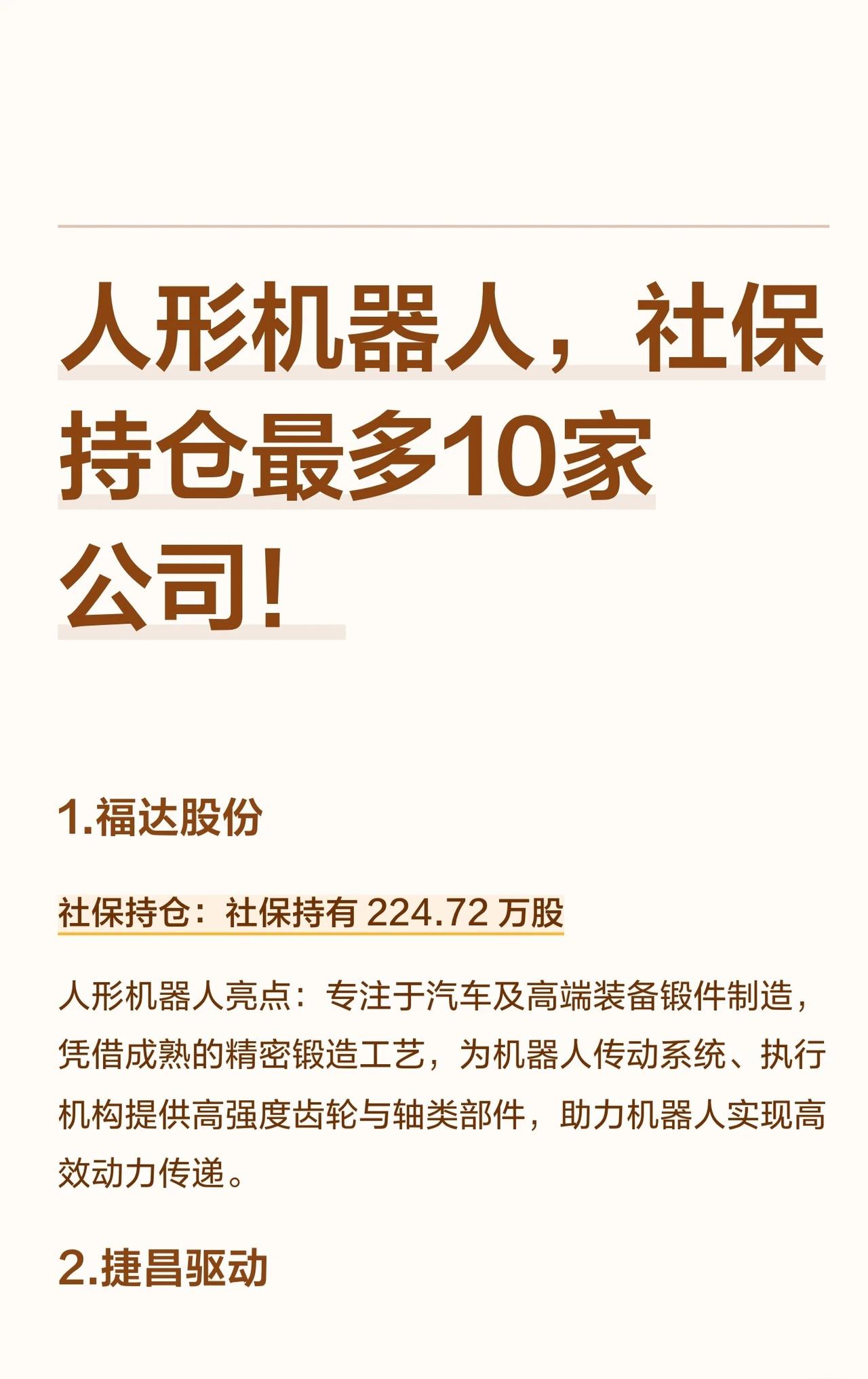 社保基金在人形机器人产业链中持仓最多的10家公司，包括：1.福达股份–