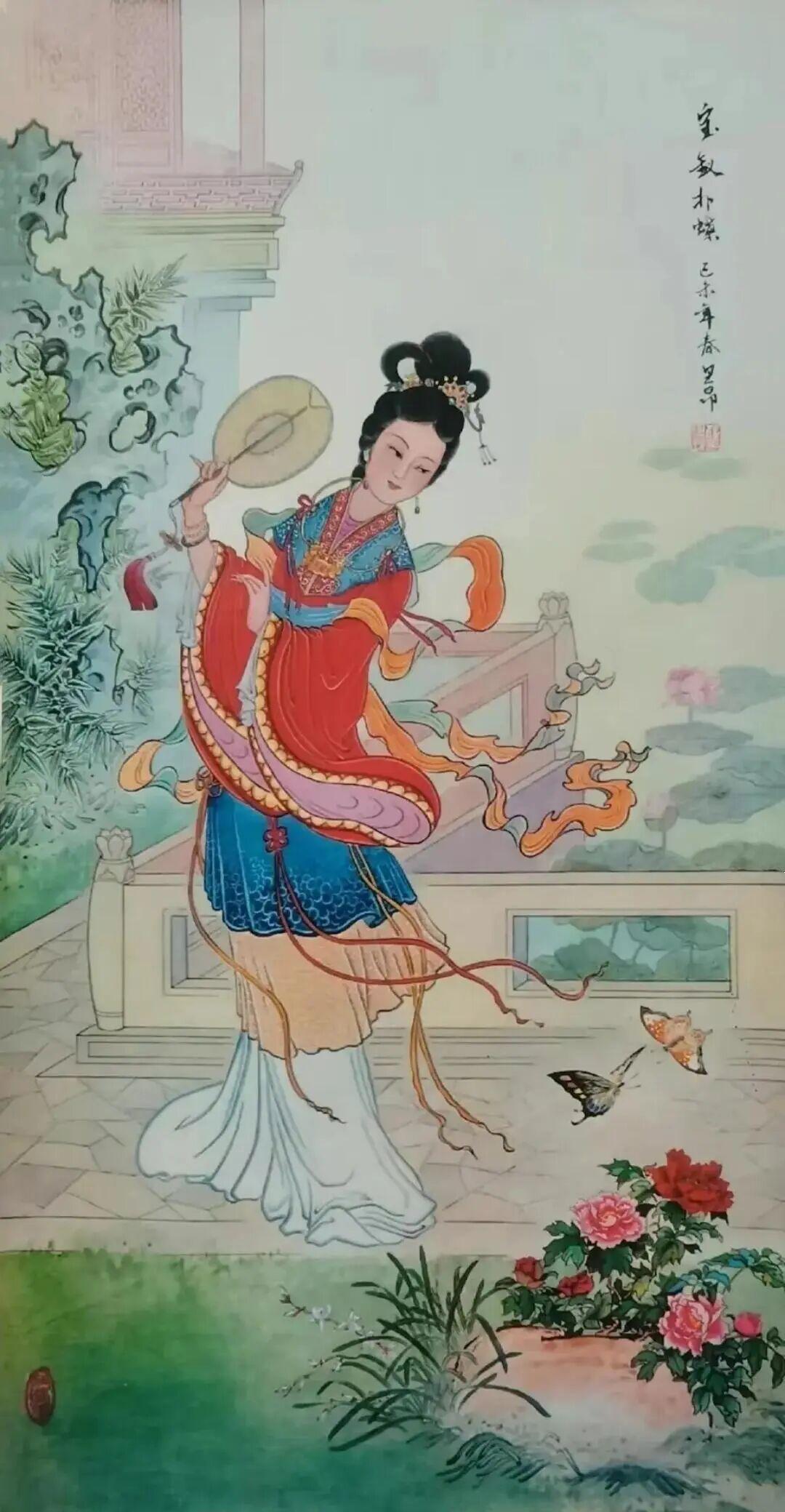 红楼梦年画《宝钗扑蝶》