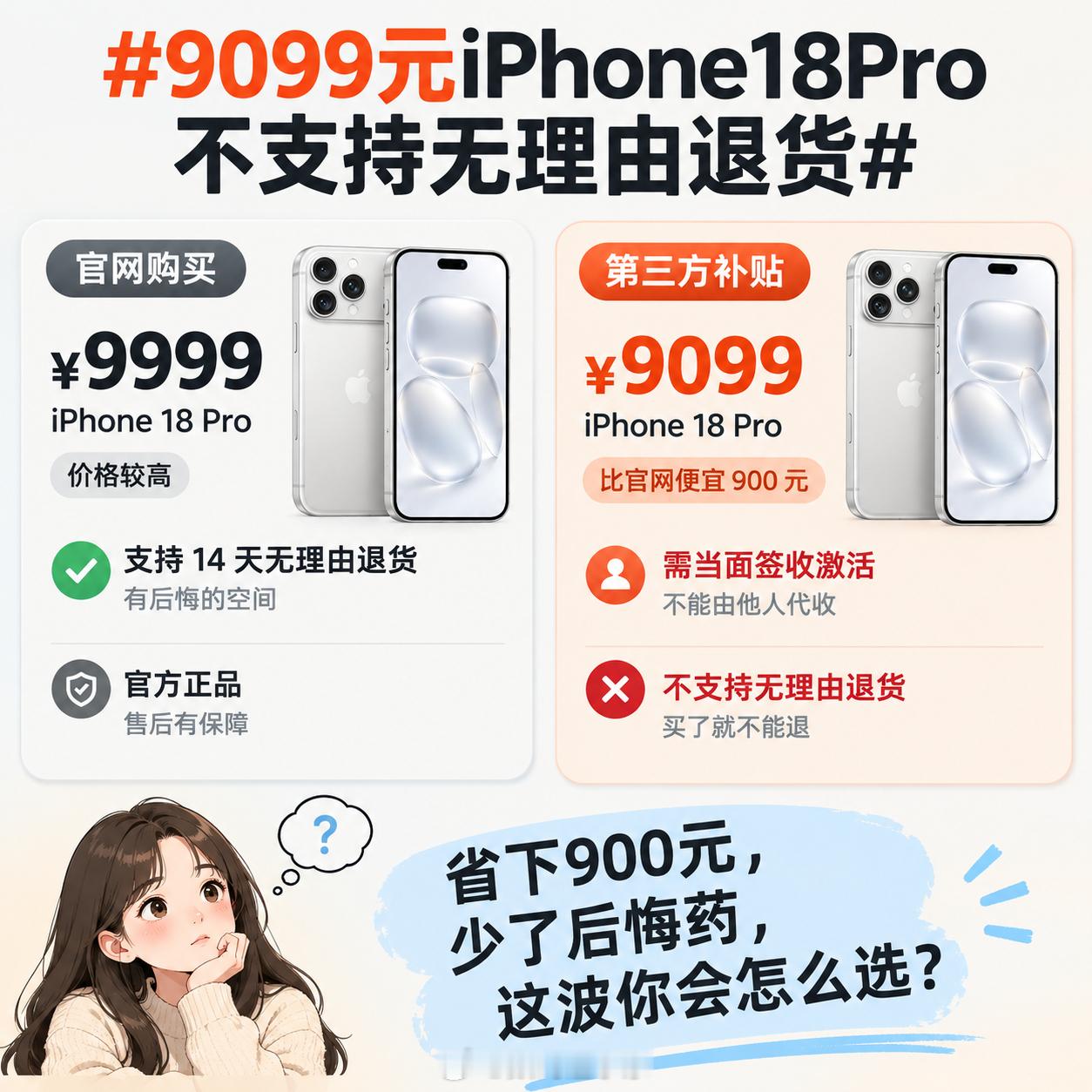#9099元iPhone18Pro不支持无理由退货#iPhone18Pro第三方补贴后9099元，比