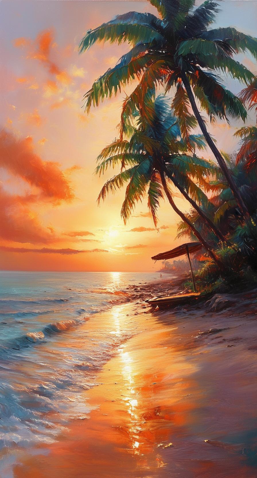 夕阳西下，海浪轻拍沙滩，椰林摇曳，静享美好时光。🌅🏖️🌴