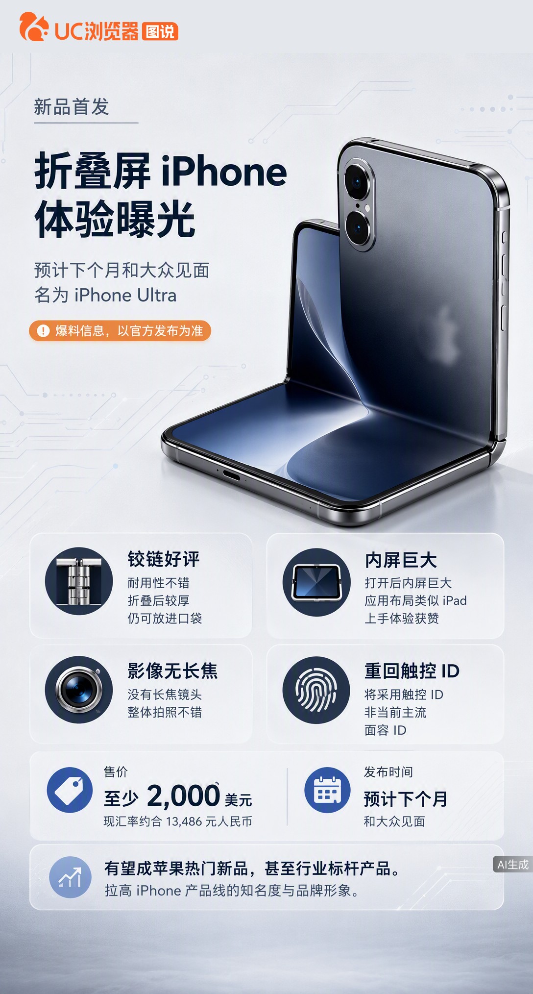 苹果折叠屏iPhone体验曝光：铰链耐用、内屏巨大获好评，但没长焦镜头。售价或超2000美元，这配置