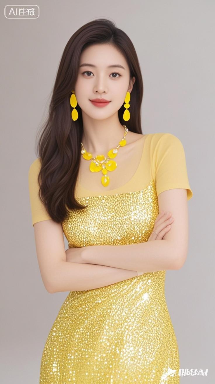 正面照片美女，优雅，微笑，发丝柔顺有光泽，黑棕色长直发，浓眉大眼睛明亮有神，皮肤