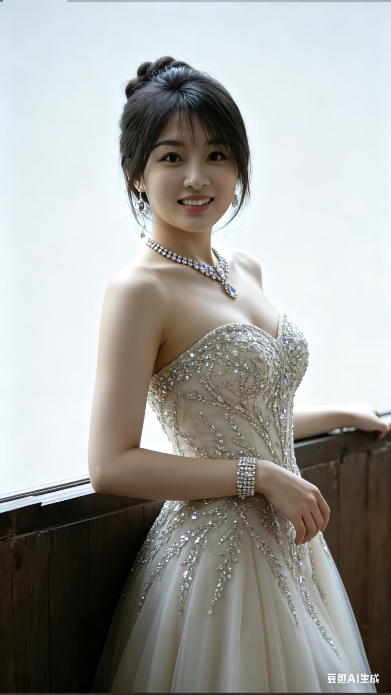 漂亮女生脸型立体流畅、肌肤白皙，黑发精致造型。身着华丽时髦礼服，细节光影闪耀，搭