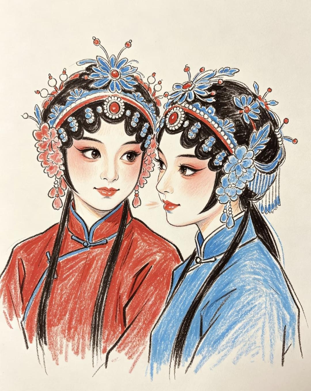 素材|戏曲人物18图（线稿+上色图）红蓝双姝戏服配，花钿珠翠映娇颜，一颦一笑皆