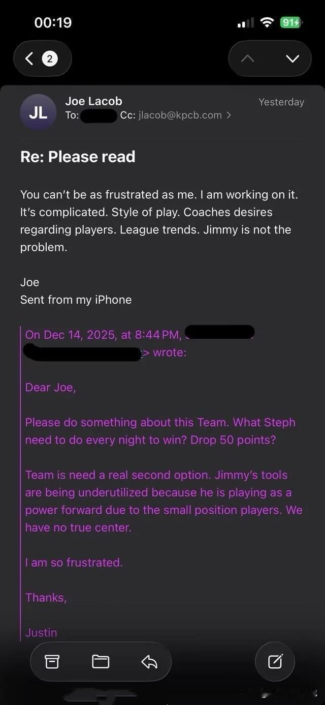 勇士老板拉科布着急了？秒回球迷邮件！库里狂砍48分依然无法赢球。赛后，一位不满