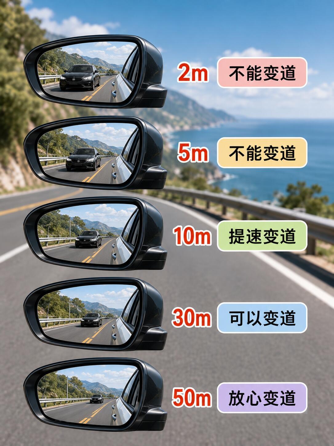 很多新手开车变道总拿捏不好距离，其实靠后视镜就能简单判断后车大概位置，上手门槛很