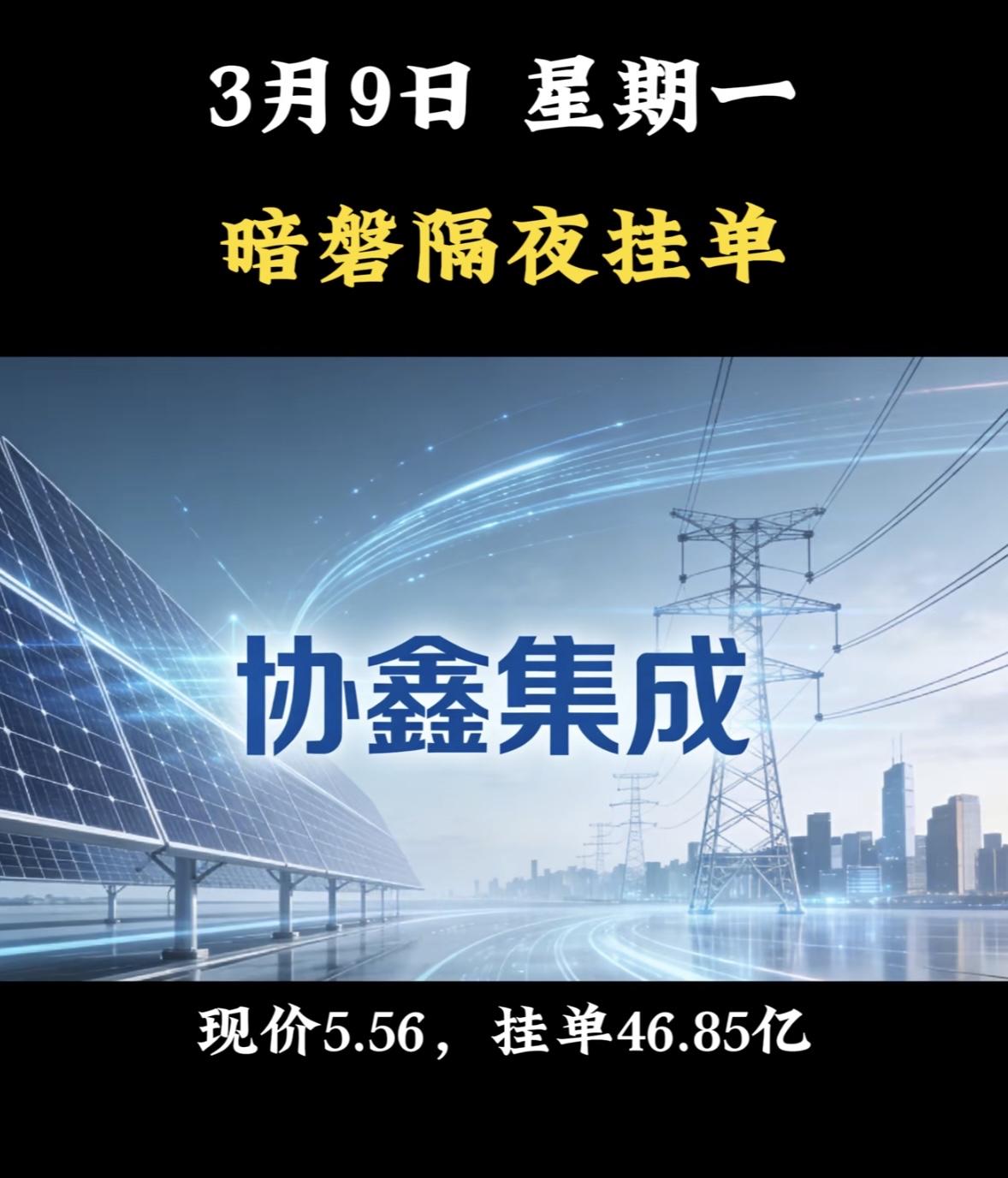 3月9日星期一，暗盘隔夜挂单前8名个股揭晓，。3月9日暗盘挂单协鑫集成，现价