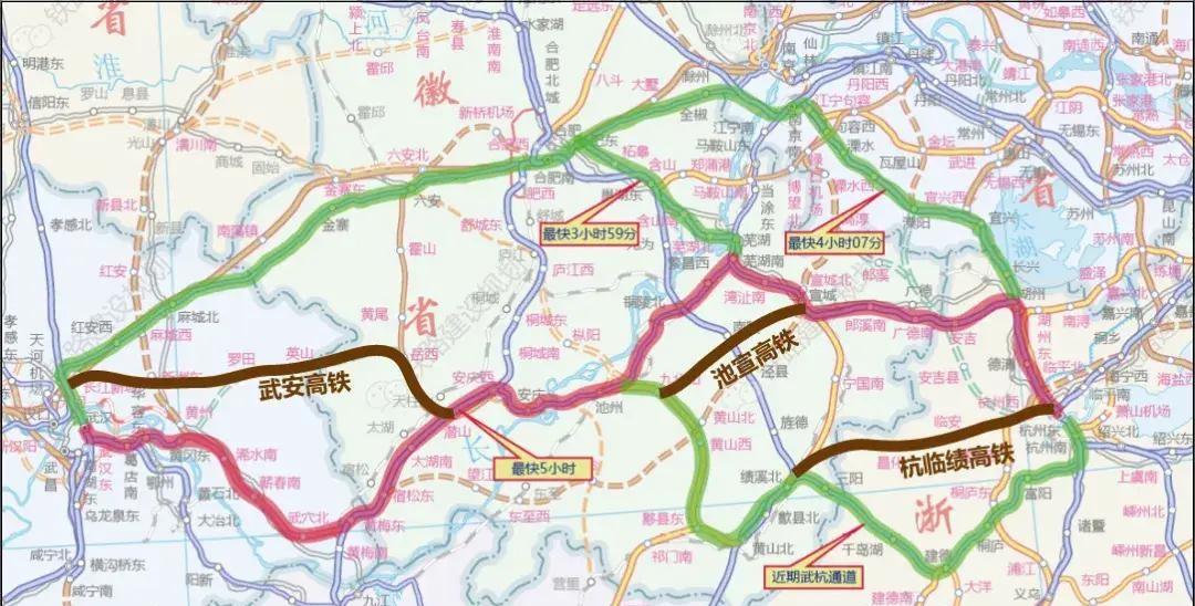 安庆的铁路枢纽线路关键是武安高铁，也就是武杭高铁最直的线路。武汉至安庆规划
