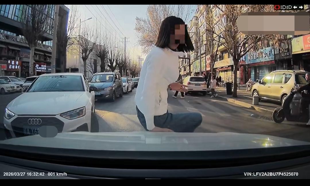 辽宁沈阳。一台白色奥迪想要转弯，见没人让行。副驾女子直接下车，用身体“人肉拦车”