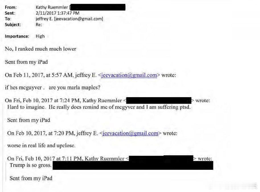 新释出的邮件里，2017年2月，爱泼斯坦与奥巴马时期的白宫副法律顾问凯茜·