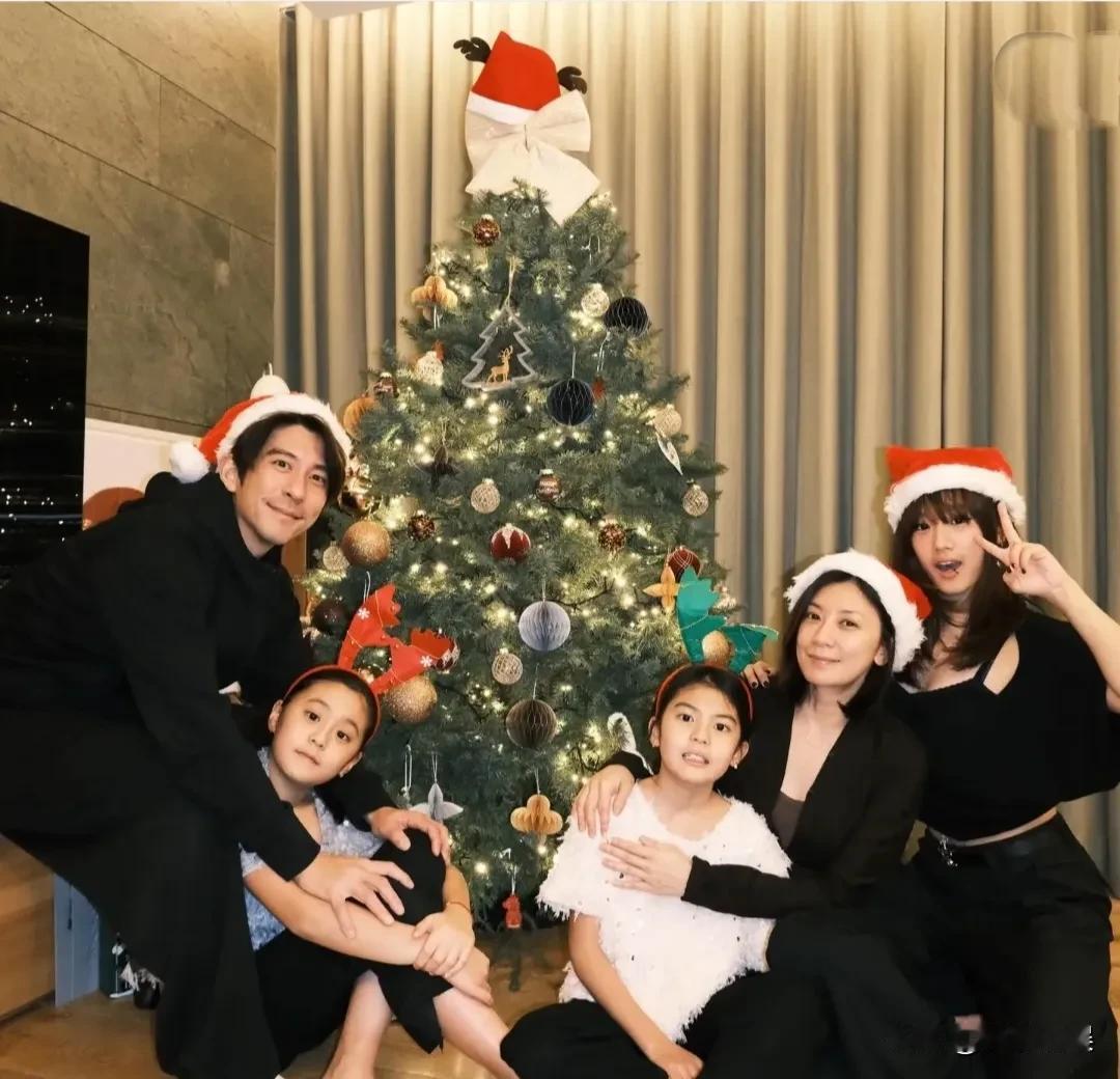 贾静雯一家子齐齐整整过圣诞，大女儿梧桐妹也在一起。贾静雯和老公都戴着圣诞帽，穿