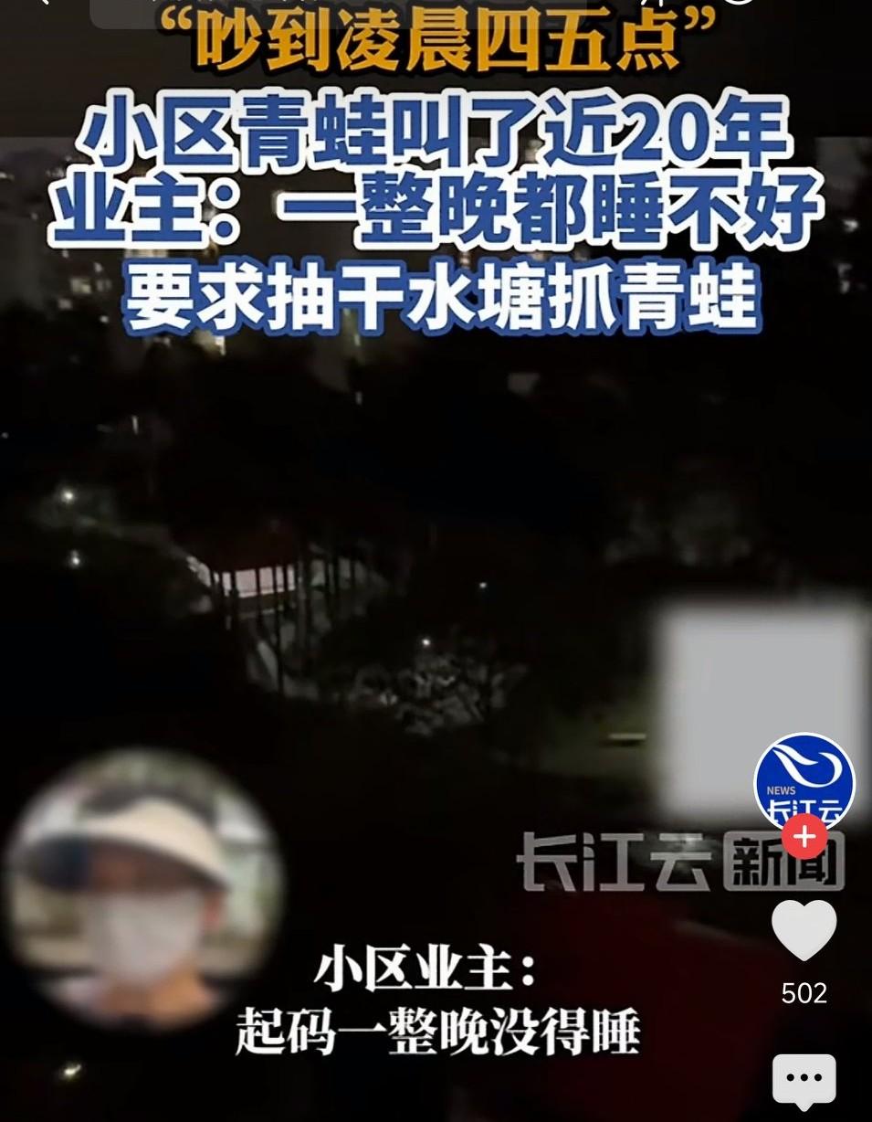 青蛙吵得睡不着！业主要求抽干池塘抓青蛙！青蛙叫这么难接受吗？这不是生态好的