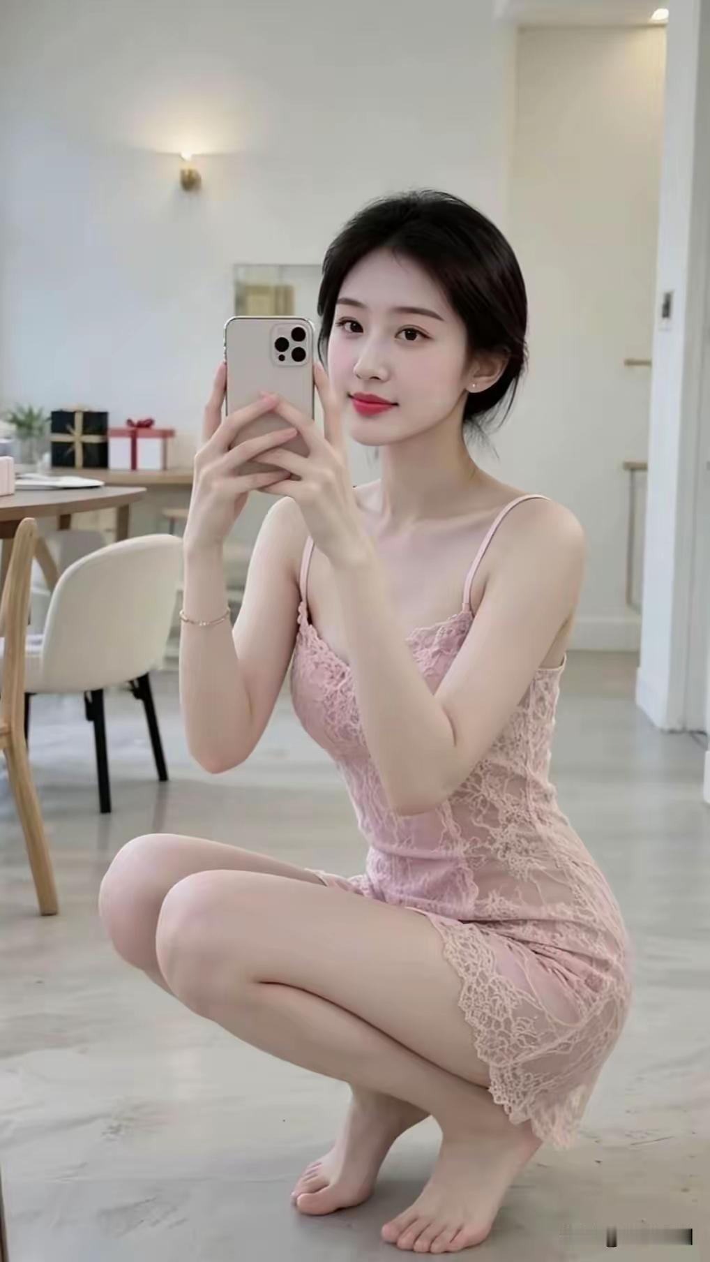 甜美粉裙少女，自拍时刻，温柔如水