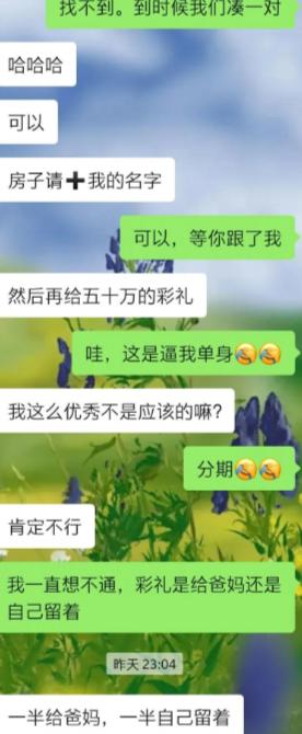 本来开玩笑说找不到对象就凑一对，结果对方当场开启招标模式。房子加名字，再加五十