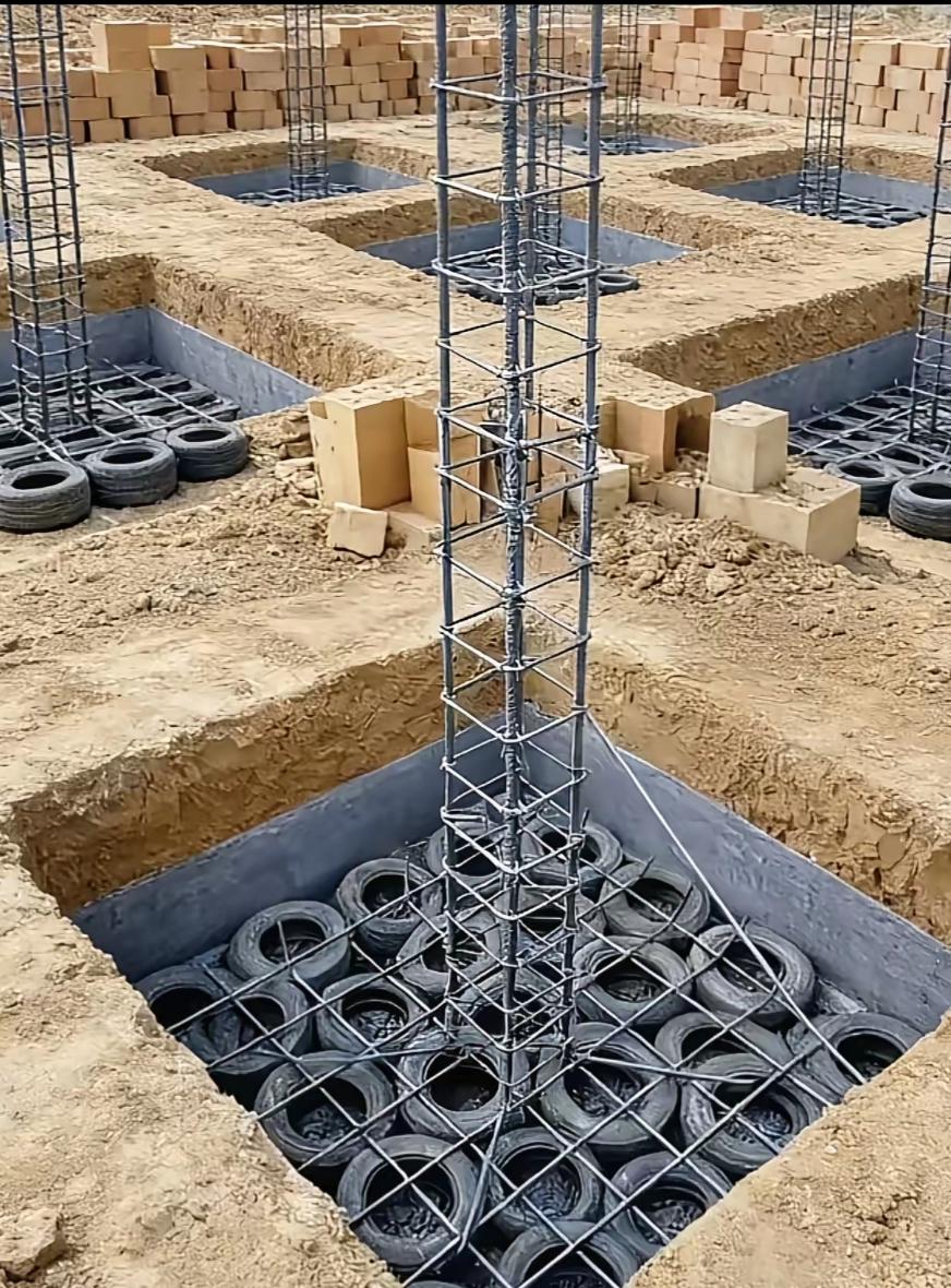 第一次看到网友发的用旧轮胎打地基的图片，心生疑惑和好奇，感觉这莫非是图省钱故意偷