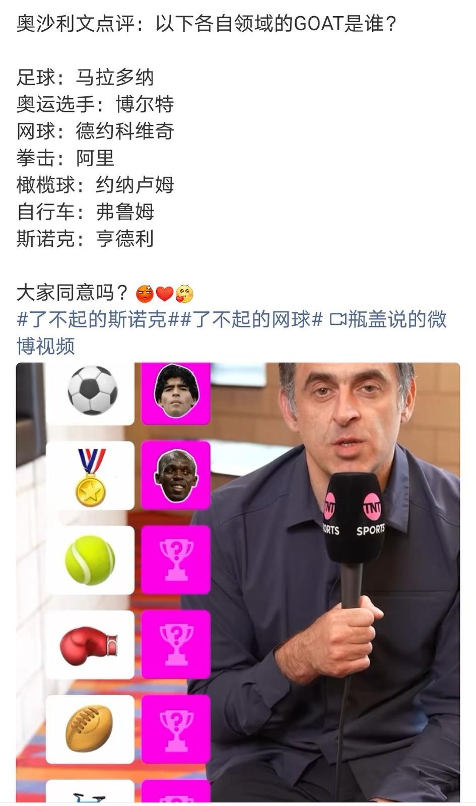 火老师乱点鸳鸯谱！非常低调谦虚啊，斯诺克Goat居然没选自己。自行车、橄榄球的