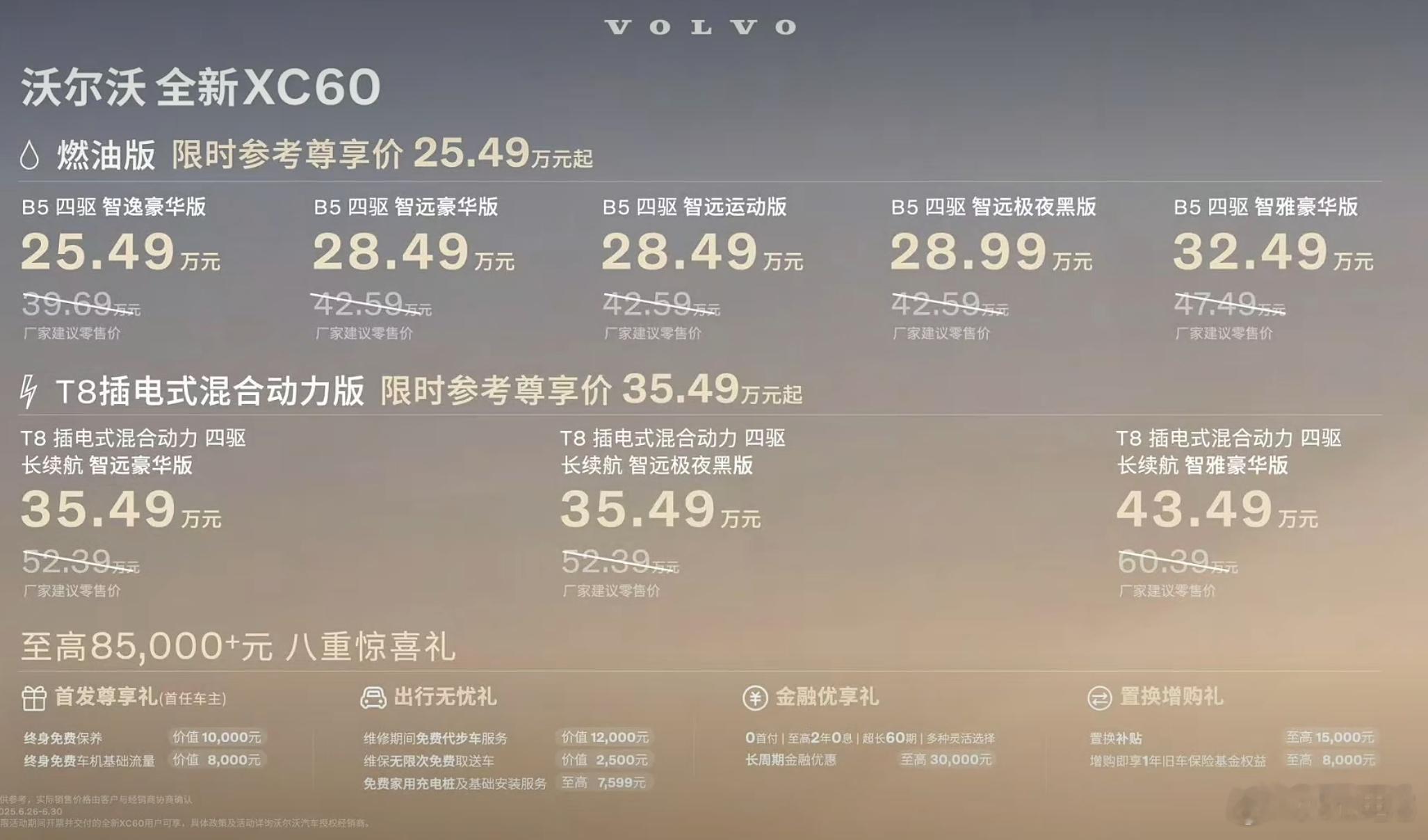 全新沃尔沃XC60的价格出来了：燃油版本限时参考价25.49万~32.49万，