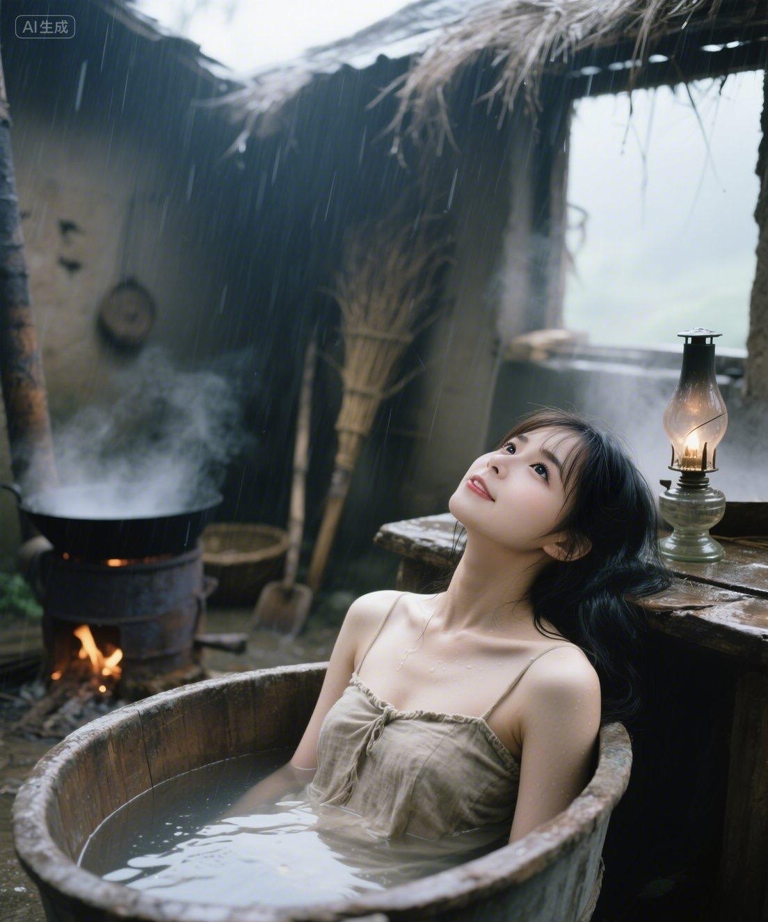 出嫁前的姑娘屋外细雨落纷纷，木盆水暖雾气深。油灯微光轻轻晃，思绪悠悠念良人。