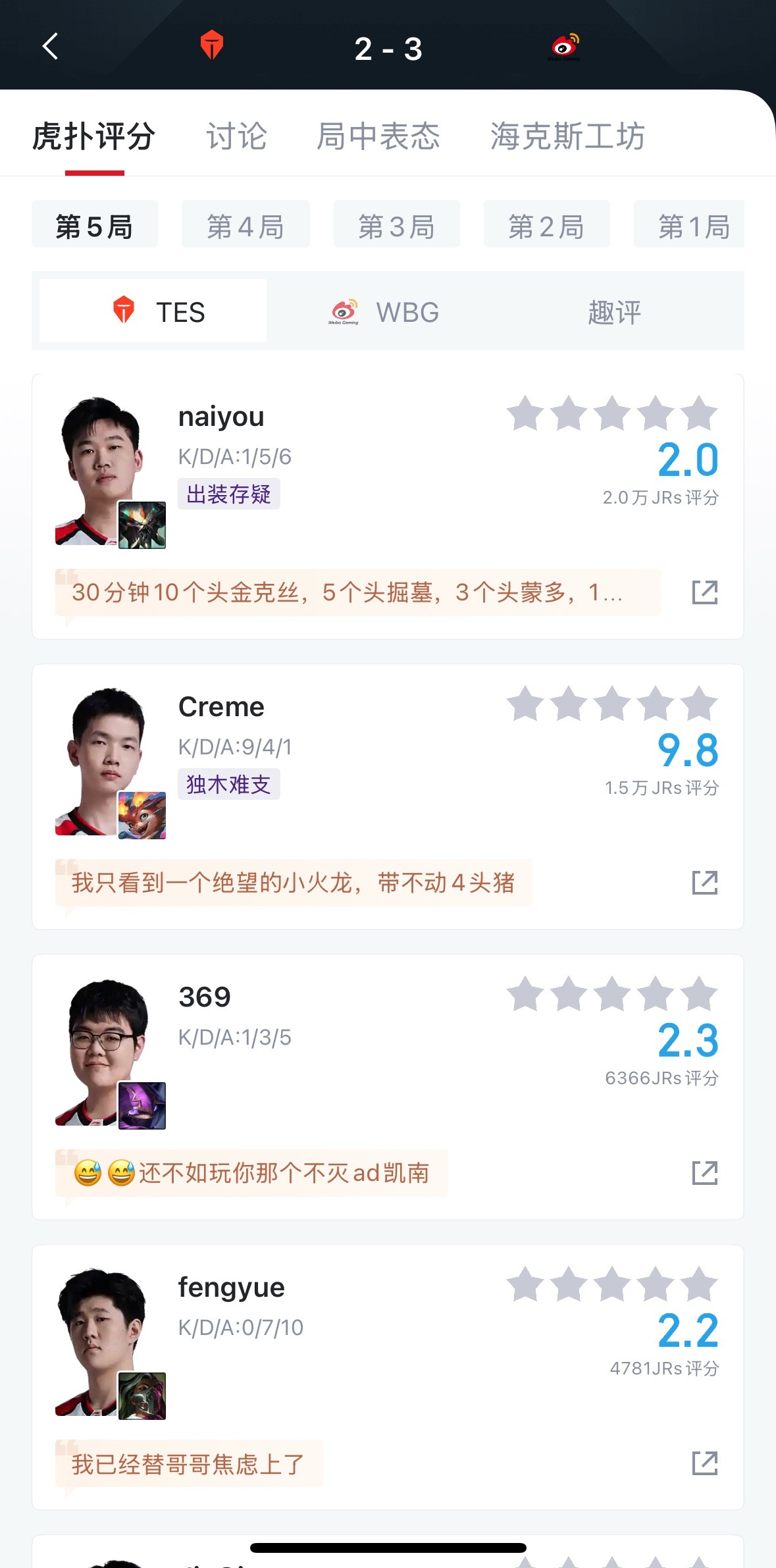 LPL历史最低评分，naiyou那一局的蝎子评分跌到2.0说实话我打排位都没这