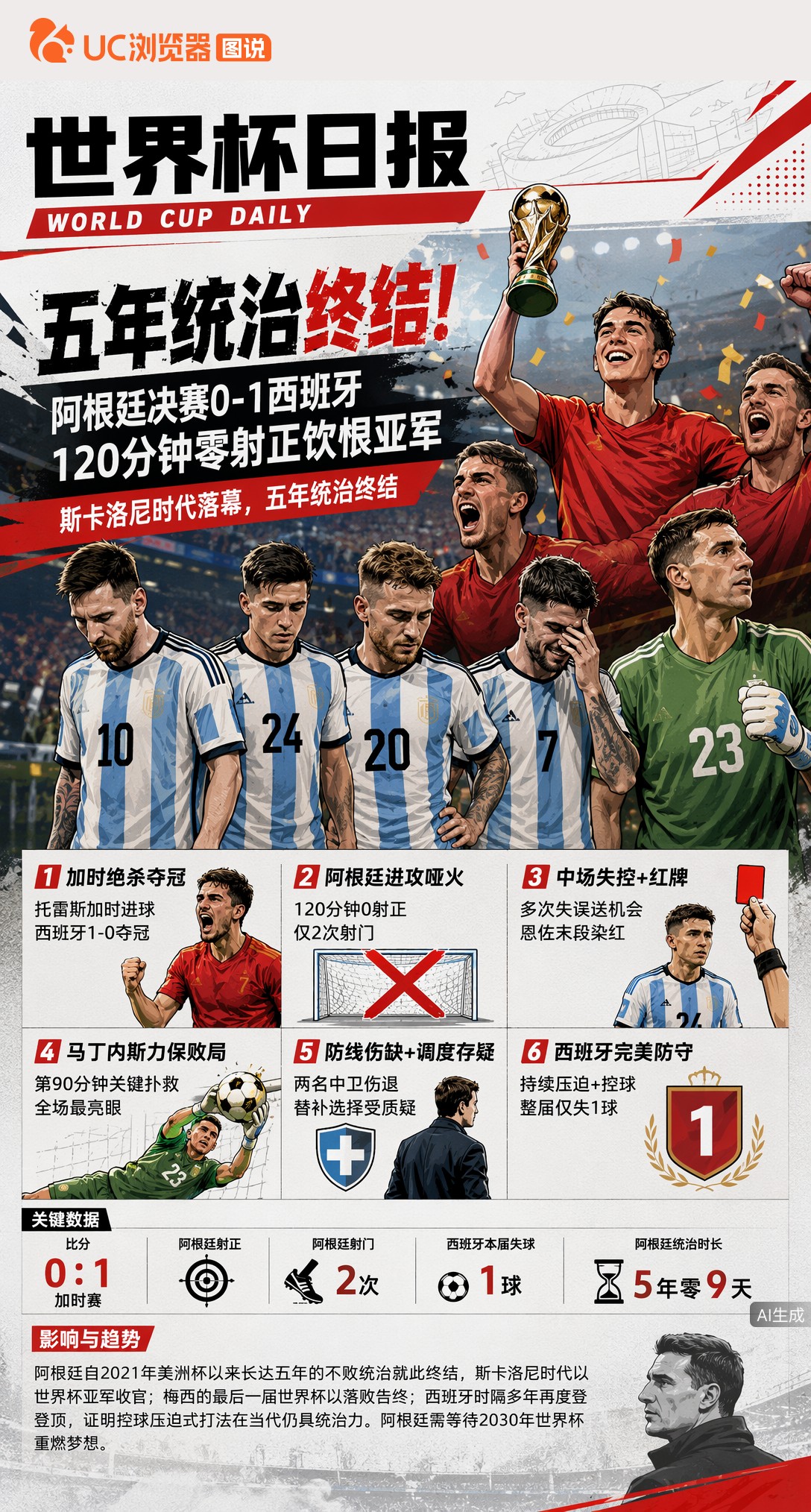 五年统治终结！阿根廷决赛0-1西班牙，120分钟零射正饮恨亚军