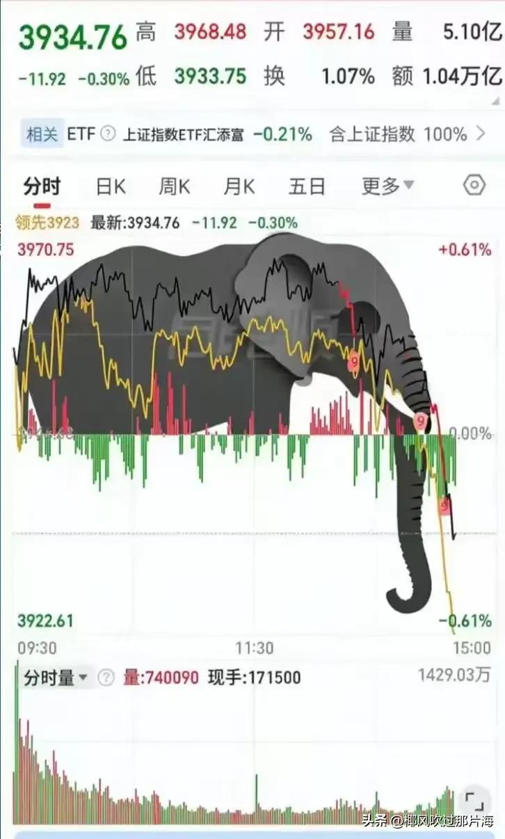 同花顺这大象画得绝了，尾盘大象鼻子直接垂下来，大盘emo了。