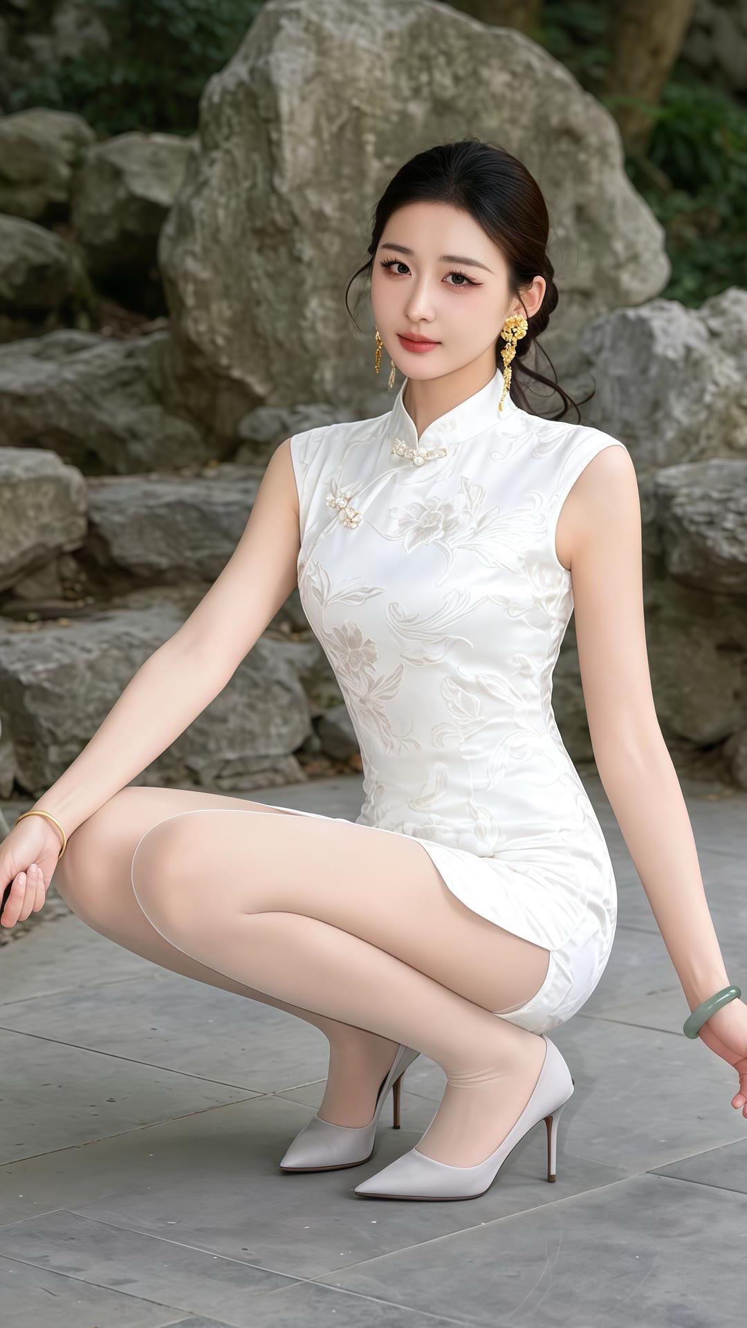 旗袍新中式东方美学风格旗袍坐姿中式园林旗袍
