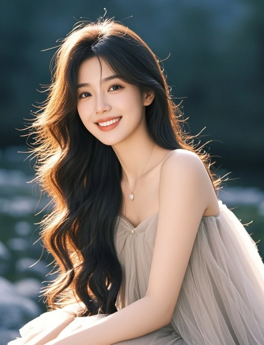长发飘飘的东方丽人，晚风轻抚，笑容如诗般动人