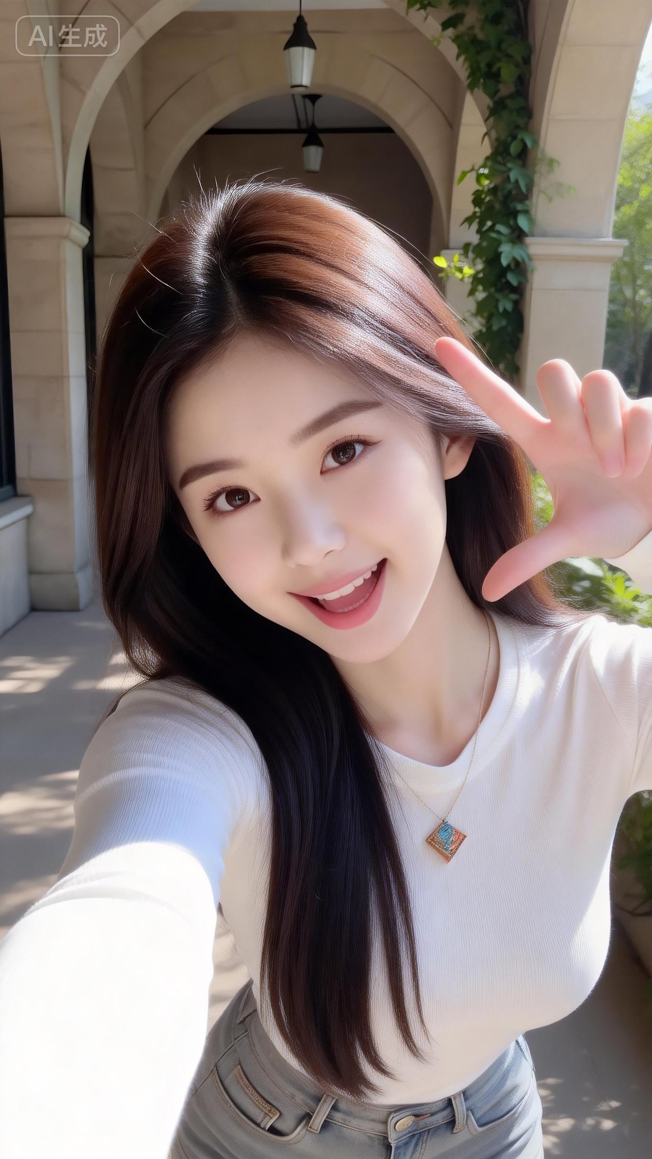 拱廊下的简约甜妹好清爽白T搭黑短裙，金色挂坠一衬，利落又带点软甜，抬手撩发