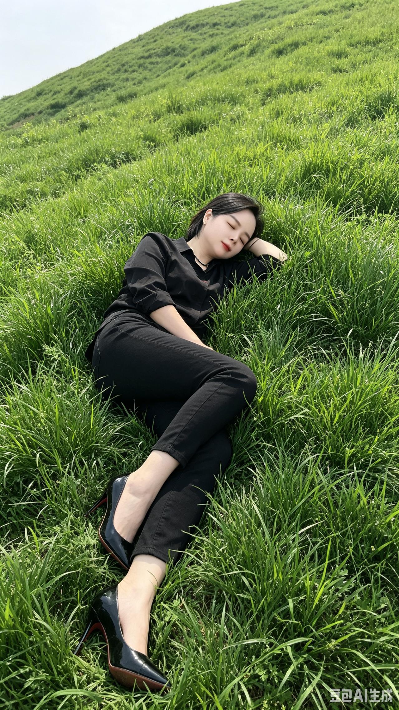 美女卧于青草坪，微风轻拂梦安宁。花草相伴心舒畅，尘世纷扰皆已停。