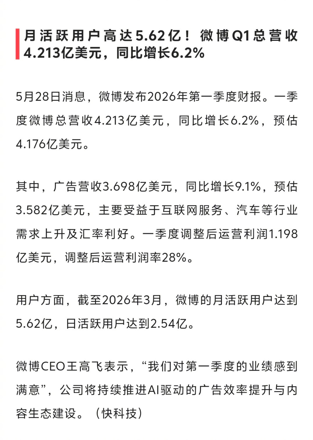 各大平台冲击这么猛的情况下，微博营收同比增长了，证明微博在社媒领域依然具有独特价