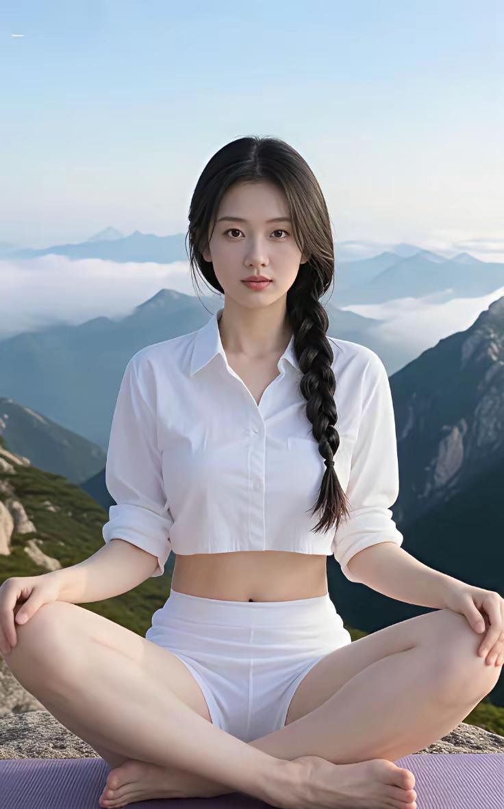 青山巍巍云作枕，佳人盘腿静修心。白衫轻展似云絮，一呼一吸融青林。