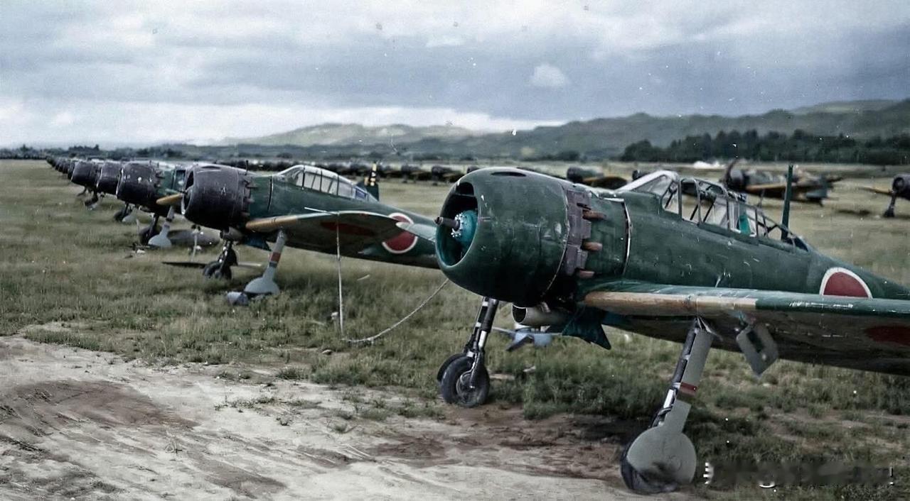 1945年8月日本战败后，一批三菱A6M“零式舰上战斗机”被集中停放在机场停机坪
