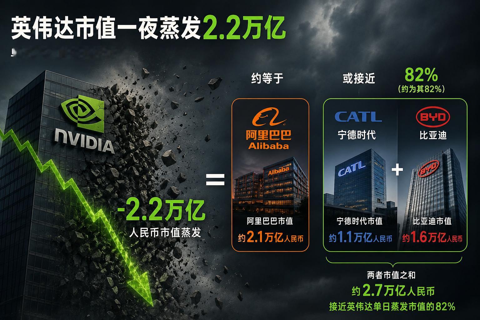 英伟达市值一夜蒸发2.2万亿，大概是什么概念？看到有人说，英伟达单日蒸发的人民币