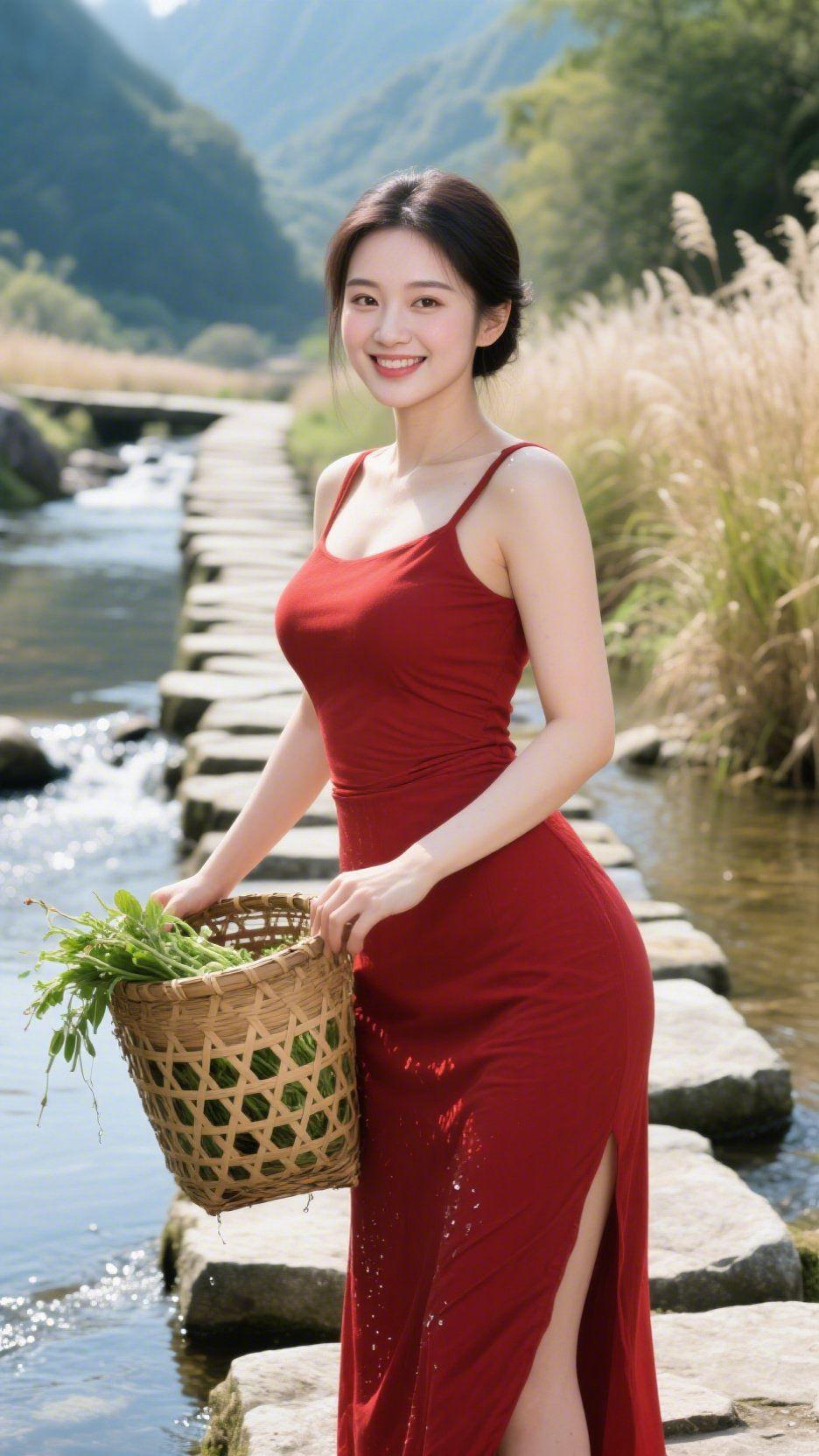 溪山清晓层峦叠翠接天青，涧水鸣石绕岸行。汀桥跨水通幽径，芦叶随风漾浅汀。